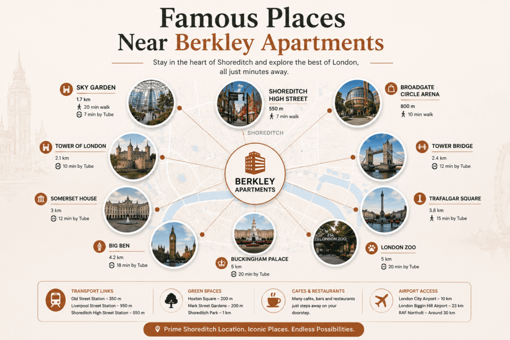 Famous places near by berkley apartments - Infographics